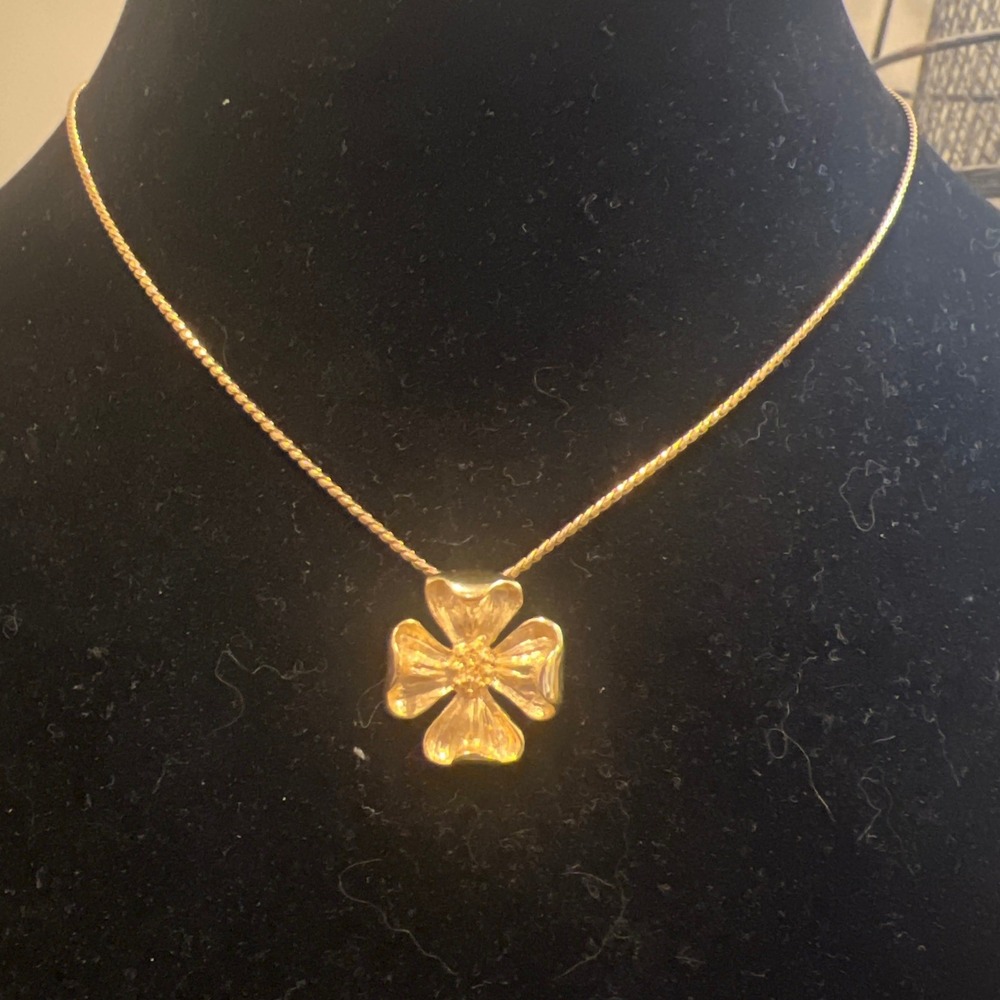Vtg Napier Gold Tone Four Leaf Clover Flower Pendant Rope Chain Necklace 16in